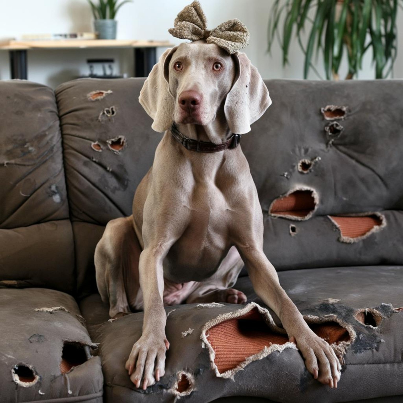 Chien installé sur un canapé abîmé dans son environnement quotidien.