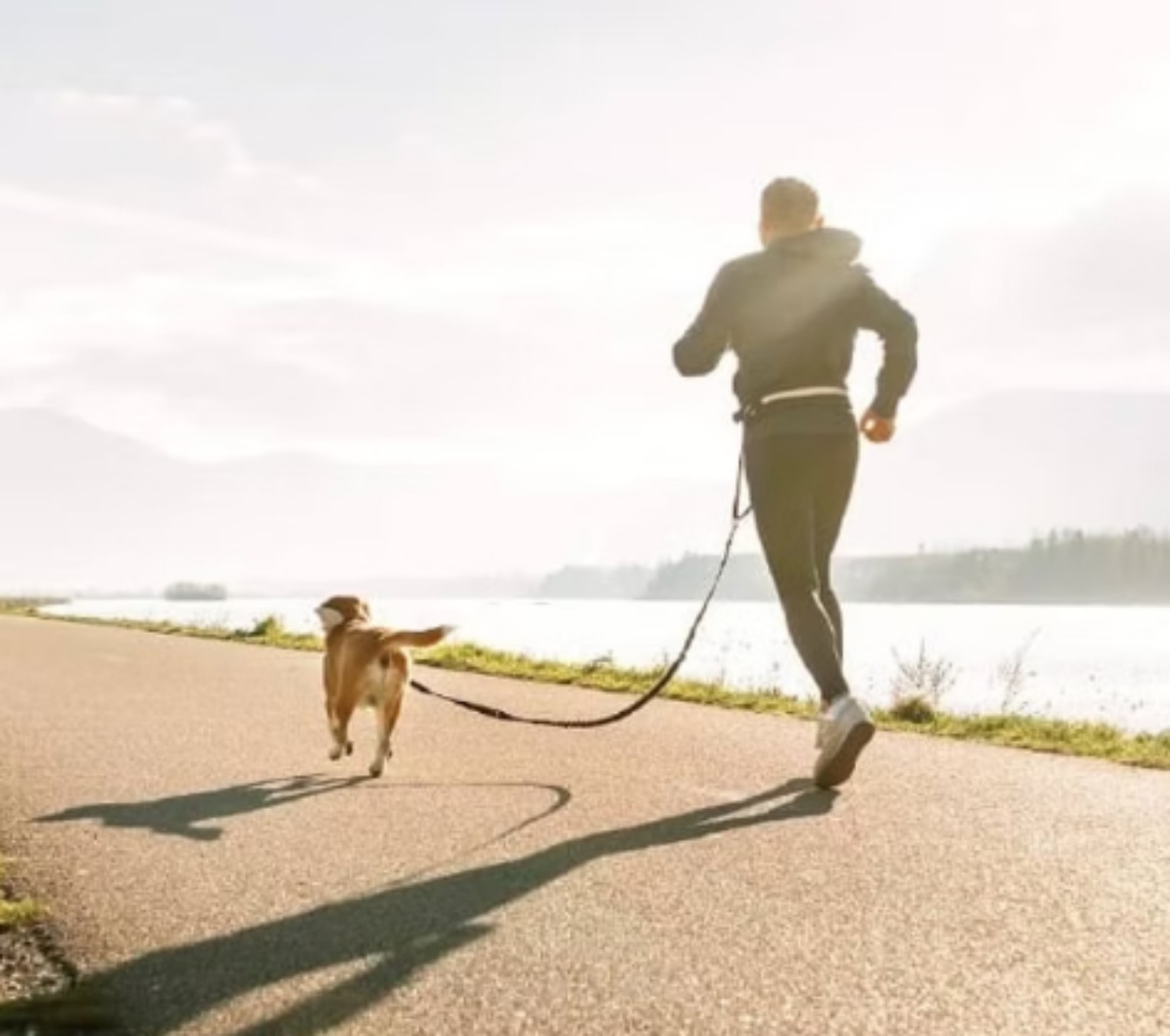 Une personne court au bord de l’eau avec un chien.