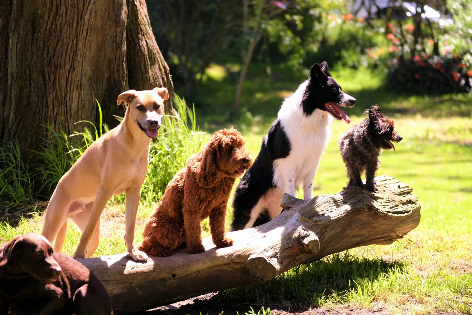 Chiens de tailles et de couleurs variées réunis autour d’un tronc en plein air.